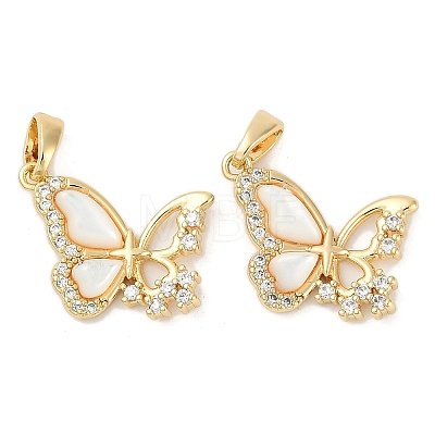 Brass Pave Natural White Shell Butterfly Pendants KK-U043-28G-1