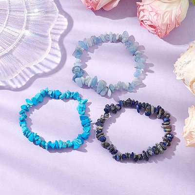 3Pcs Natural Aquamarine & Natural Lapis Lazuli & Synthetic Turquoise Chip Beaded Stretch Bracelet Sets BJEW-JB10861-1