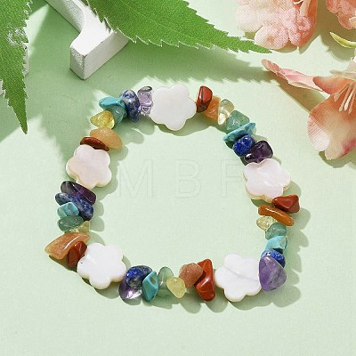 Natural & Synthetic Mixed Gemstone Chips & Shell Beaded Stretch Bracelet BJEW-JB09897-1