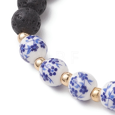 2Pcs Handmade Flower Printed Porcelain Ceramic & Natural Lava Rock Beads Stretch Bracelets for Women BJEW-JB13016-1