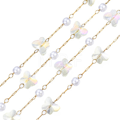 Glass Butterfly & ABS Plastic Pearl Beaded Chains CHS-N003-02-07-1
