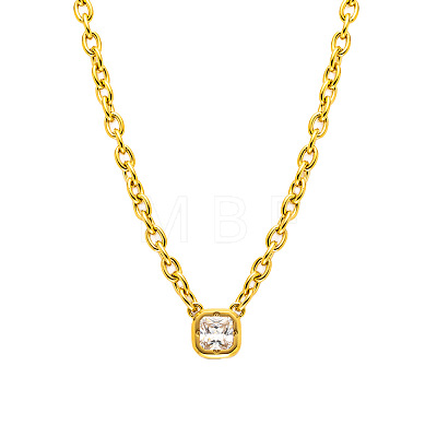 304 Stainless Steel Pave Clear Cubic Zirconia Square Pendant Necklaces for Women WGA9B8D-02-1
