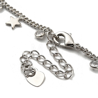 Brass Star & Glass Flat Round Charm Bracelets with Curb Chains NJEW-R263-25P-1