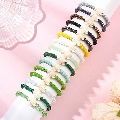 15Pcs 15 Colors Ocean Turtle Synthetic Turquoise & Faceted Rondelle Glass Beads Stretch Bracelets for Women BJEW-JB13643-1