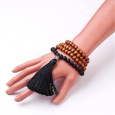 Natural Black Agate and Wood Mala Beads Necklaces NJEW-JN01779-01-1
