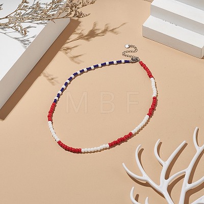 Independence Day Glass Beaded Necklace with 304 Stainless Steel Clasp for Women NJEW-TA00064-1