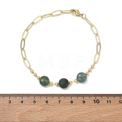 Natural Moss Agate Faceted Flat Round Beaded Brass Paperclip Chain Bracelets GG-CBA37F5-02G-02-1