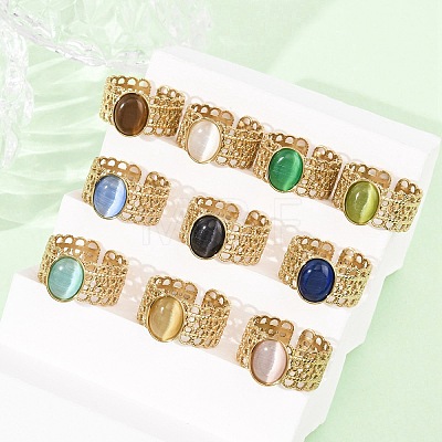 304 Stainless Steel with Glass Cat Eye Cuff Rings for Women RJEW-K309-40B-1