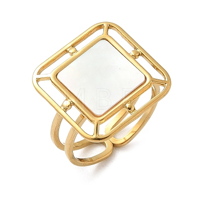 Square 304 Stainless Steel White Shell Cuff Rings for Women RJEW-G346-03G-02-1