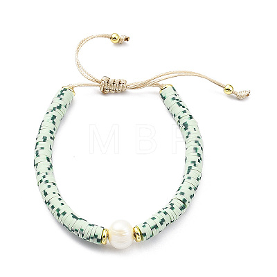 Adjustable Natural Pearl & Polymer Clay Disc Braided Beaded Bracelet for Women BJEW-O187-06-1