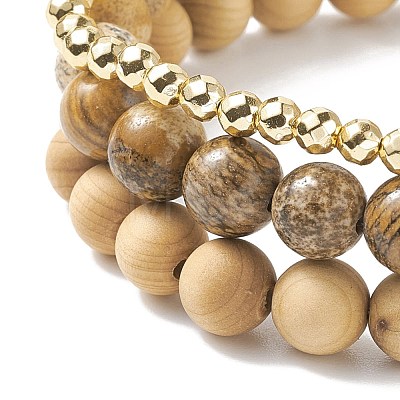 3Pcs 3 Style Natural & Synthetic Mixed Stone & Wood & Brass Stretch Bracelets Set with Glass Teardrop for Women BJEW-JB08355-1