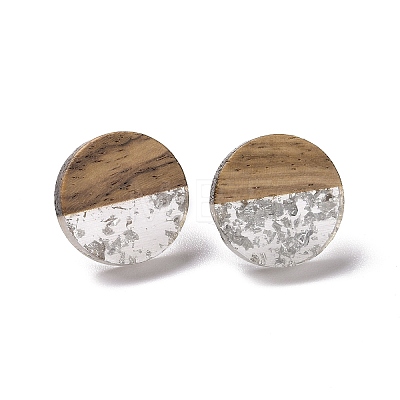 Resin & Walnut Wood Flat Round Stud Earrings with 304 Stainless Steel Pin for Women EJEW-N017-010-1