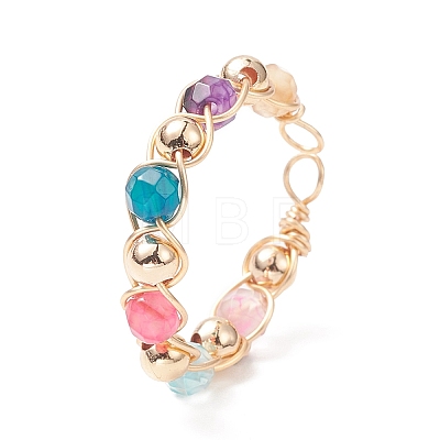 Natural Mixed Gemstone Round Beaded Open Cuff Rings RJEW-JR00572-1