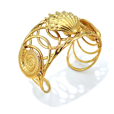 Ocean 304 Stainless Steel Hollow Starfish Shell Shape Open Cuff Bangles for Women WGCF8EC-01-1
