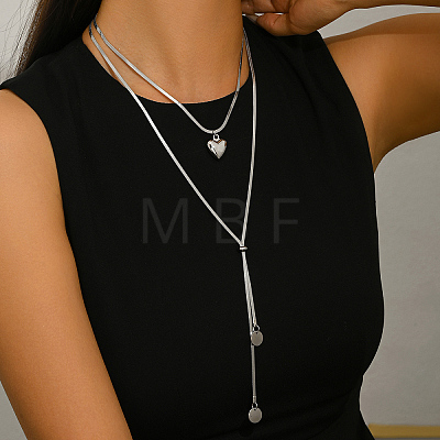 Minimalist European Style Stainless Steel & Alloy Heart Pendant Snake Chain Y-Shaped Double Layer Necklace for Women Daily Wear Gift ZC6698-2-1