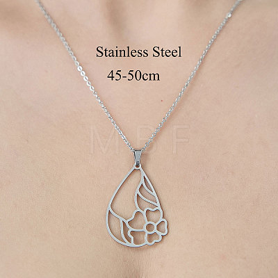 201 Stainless Steel Hollow Teardrop with Flower Pendant Necklace NJEW-OY002-07-1