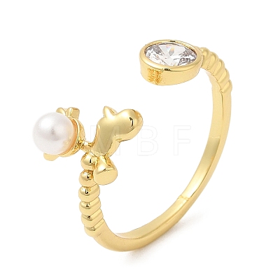 Plastic Pearl Christmas Deer Open Cuff Ring with Cubic Zirconia RJEW-R139-01G-1