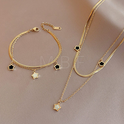 Star Stainless Steel with Natural Shell Double Layer Pendant Necklaces & Charm Bracelets Sets WGBAFA5-03-1