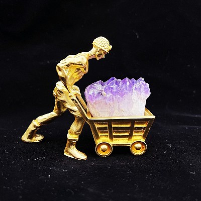 Brass Miner Cart Ornaments with Raw Natural Amethyst Cluster PW23041823058-1