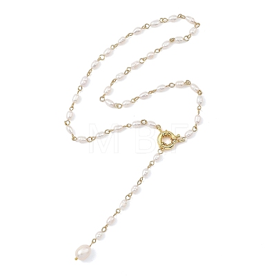 Adjustable 304 Stainless Steel Natural Pearl Rice Link Chain Lariat Y Tassel Necklaces for Women NJEW-JN06148-1