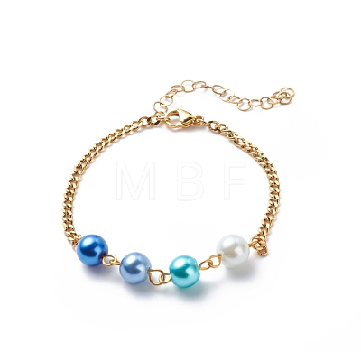 Glass Pearls Link Bracelet with 304 Stainless Steel Curb Chains for Women BJEW-JB08708-1