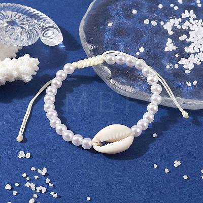 Adjustable ABS Plastic Imitation Pearl & Acrylic Shell Shape Braided Bead Bracelets BJEW-JB10104-04-1