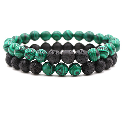 2Pcs 2 Styles Synthetic Malachite & Natural Lava Rock Round Beaded Stretch Bracelets for Couple FS-WGA2A2E-01-1