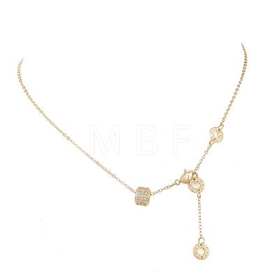 Brass Micro Pave Clear Cubic Zirconia Column Bead and Love Disc Pendant Cable Chain Necklaces NJEW-JN05768-1