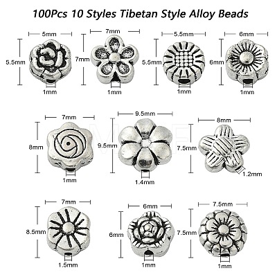 100Pcs 10 Styles Tibetan Style Alloy Beads TIBEB-CJ0001-20-1