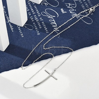 304 Stainless Steel Religion Curved Cross Pendant Cable Chain Necklaces for Women NJEW-P320-13P-1