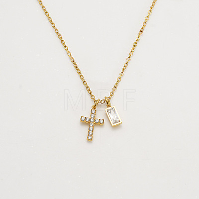 304 Stainless Steel Pave Cubic Zirconia April Birth Stone Religion Cross and Rectangle Pendant Necklaces WG51992-02-1