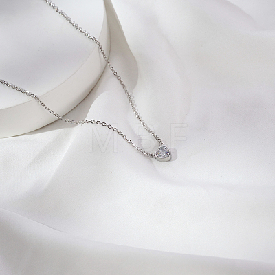 Heart-shaped 304 Stainless Steel Pave Clear Cubic Zirconia Pendant Cable Chain Necklaces for Women FS0820-2-1