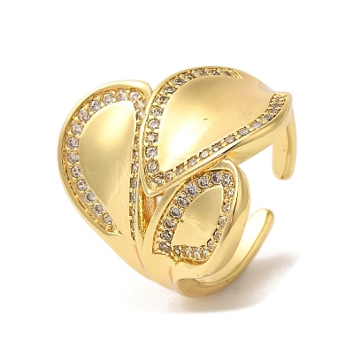 Leaf Brass Micro Pave Cubic Zirconia Open Cuff Rings RJEW-U008-18G-1