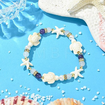 Shell Pearl & Natural & Synthetic Mixed Gemstone Beads Stretch Bracelets for Women BJEW-JB13898-02-1