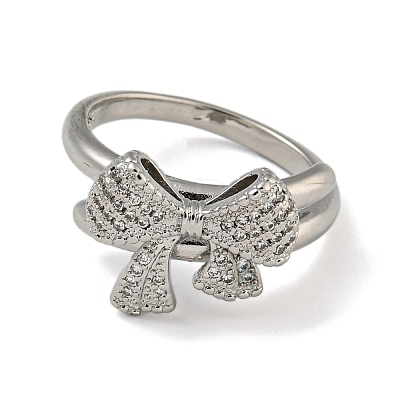 Bowknot Brass Micro Pave Clear Cubic Zirconia Double Rings RJEW-Z050-25P-1