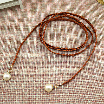 Imitation Leather Braided Belly Belt with Plastic Imitation Pearl Round Bead WG11EBA-08-1