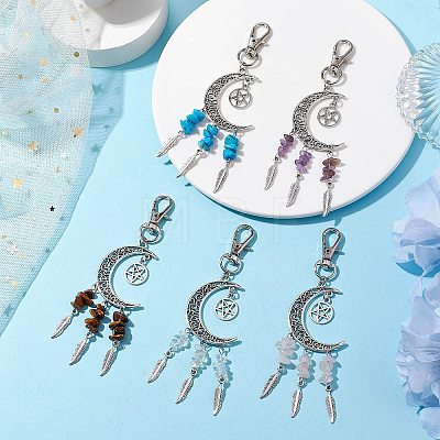 Tibetan Style Alloy Moon with Feather Pendant Decorations HJEW-JM02322-1