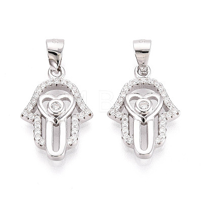 925 Sterling Silver Micro Pave Clear Cubic Zirconia Heart Hamsa Hand Pendants STER-N016-100P-1