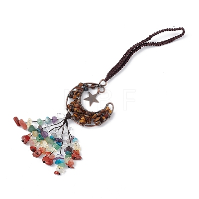 Natural Tiger Eye Moon with Mixed Gemstone Chips Tassel Pendant Decorations G-L524-07R-A03-1