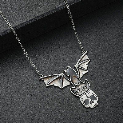 Gothic Alloy Skull with Bat Pendant Necklace AL-G056-02AS-A-1