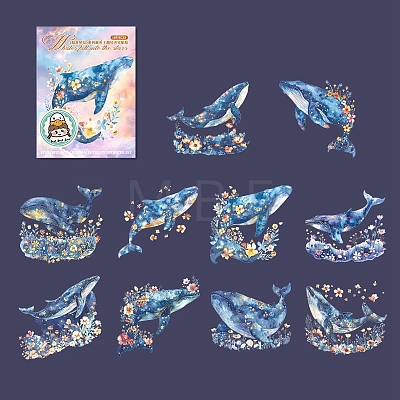 10Pcs Whale with Starshine Themed Shell Light PET Adhesive Waterproof Stickers Self-Adhesive Stickers PW-WG12E90-02-1