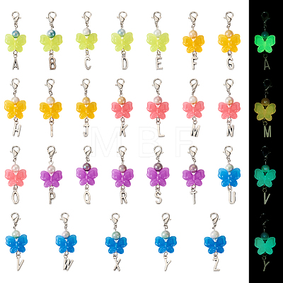 Butterfly Luminous Acrylic & Letter A~Z Tibetan Style Alloy Pendant Decorations HJEW-TAC0020-1