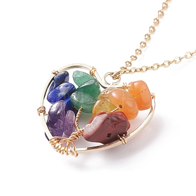 Natural Gemstone Chips Heart with Tree of Life Pendant Necklace NJEW-JN03868-02-1