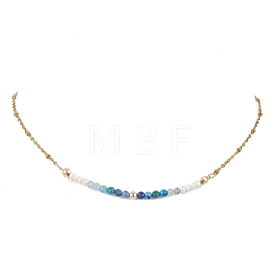 3.5MM Faceted Round Natural Kyanite & Apatite and Potato Pearl Beaded Necklaces NJEW-JN05976-01-1