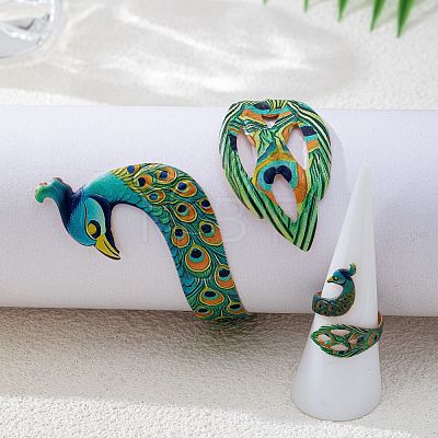 Iron Enamel Peacock Cuff Bangle & Ring Sets for Women WG60250-01-1