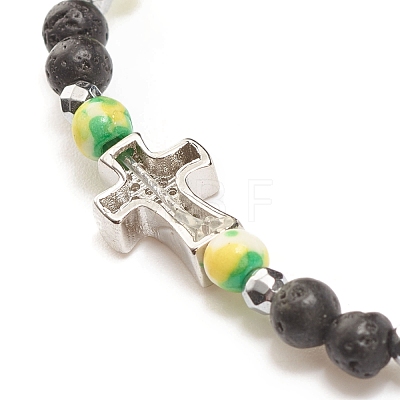 Natural & Synthetic Mixed Gemstone Beaded Stretch Bracelet with Clear Cubic Zirconia Cross for Women BJEW-JB08247-02-1