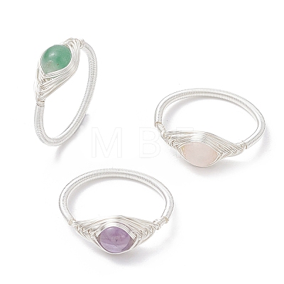 Horse Eye Natural Green Aventurine & Amethyst & Rose Quartz Finger Rings RJEW-JR00843-02-1