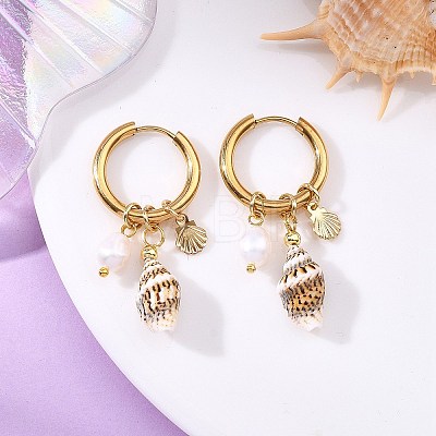 Natural Cultured Freshwater Pearl Beads & Spiral Shell Dangle Hoop Earrings EJEW-JE07252-1