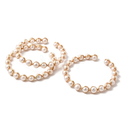 Brass Wire Wrapped Natural Pearl Open Cuff Bangles for Women BJEW-D453-04G-1