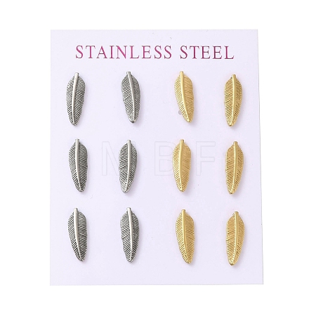 Ion Plating(IP) 304 Stainless Steel Feather Stud Earrings EJEW-C099-11PG-1